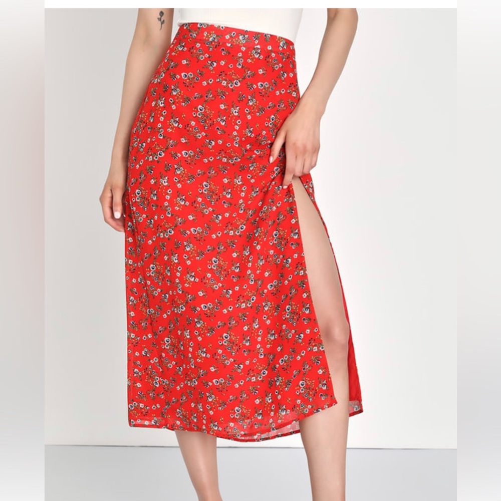 Lulus Red Floral Midi Skirt